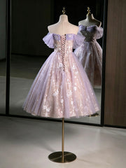 Light Purple Tulle with Lace Applique Short Party Dress, Cute Short Homecoming Dress