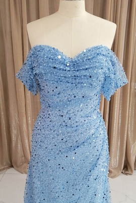 Blue Sequins Off Shoulder Sweep Train Party Dress, Blue Sweetheart Long Formal Dress