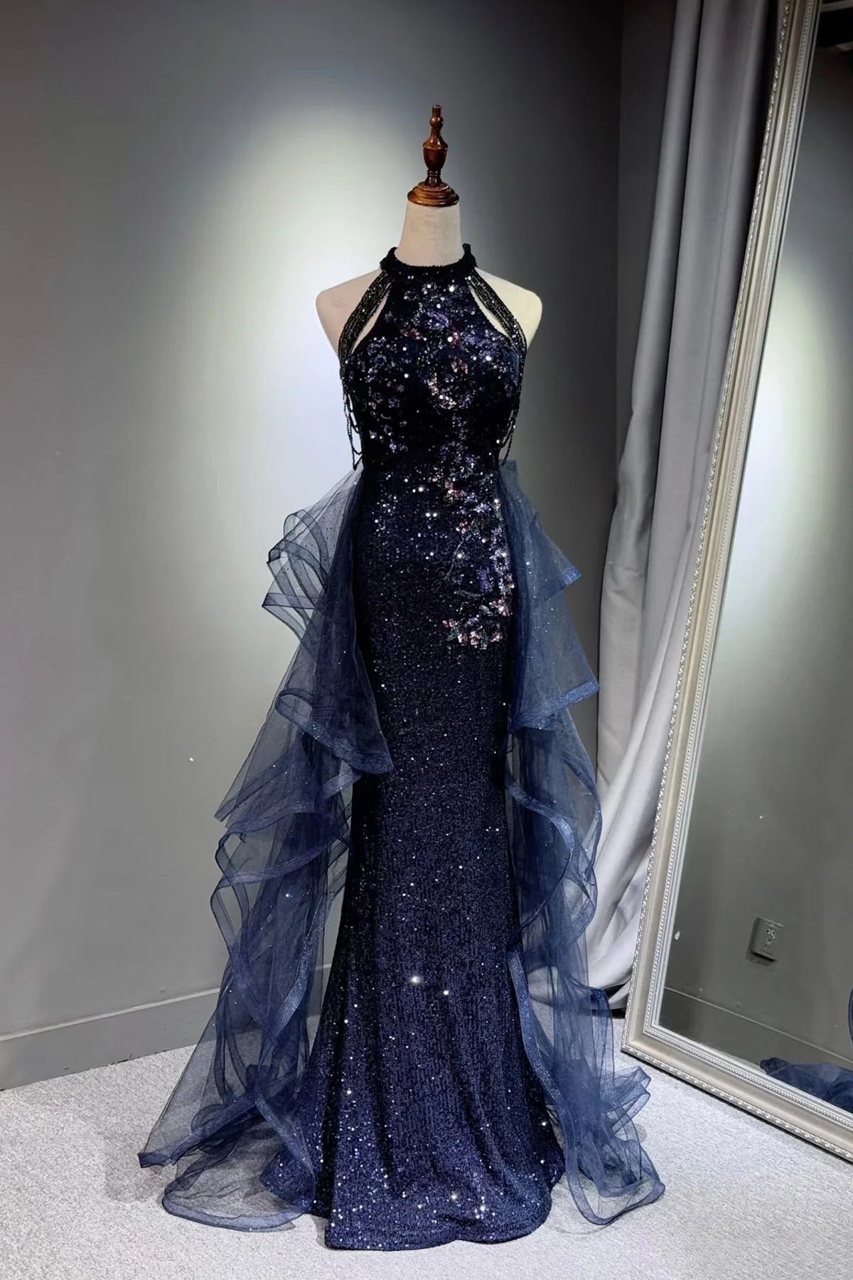 Navy Blue Halter A-line Sequins with Tulle Long Prom Dress, Navy Blue Long Evening Dress
