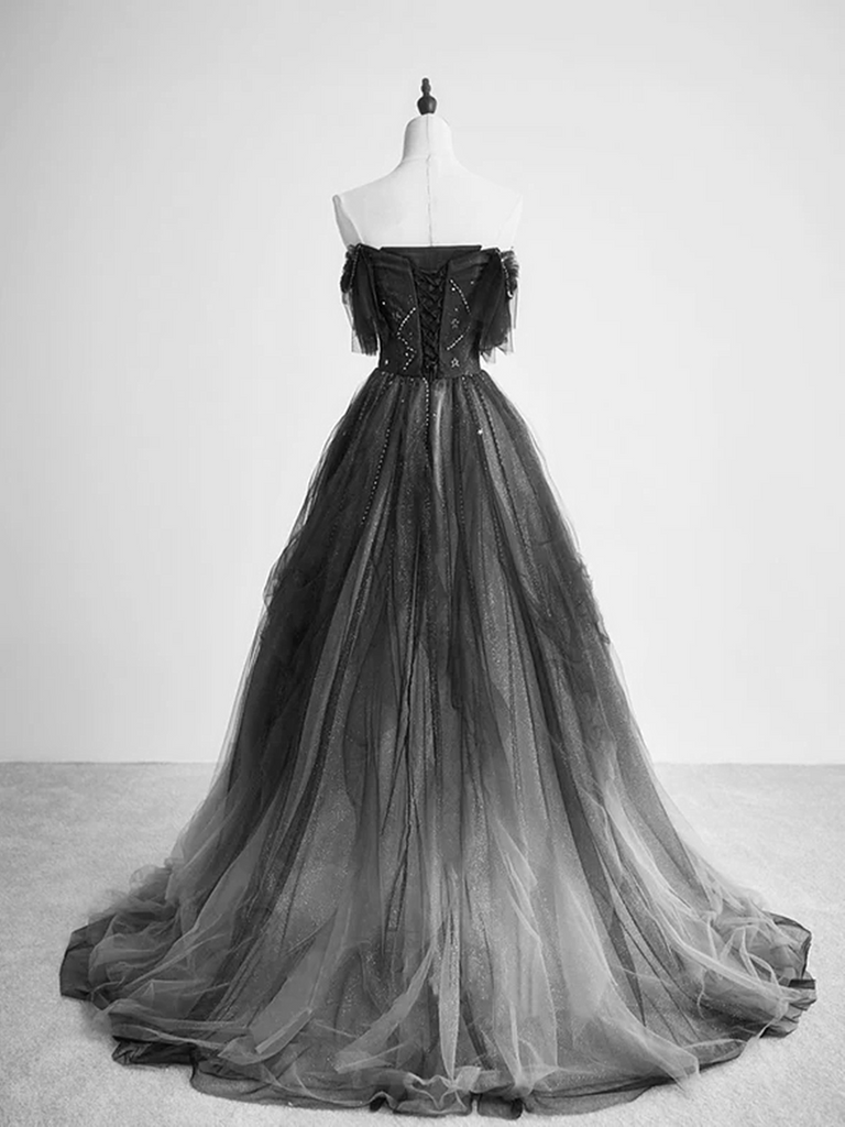 Black Beaded Off Shoulder Tulle Homecoming Dress, Black Tulle Short Party Dress
