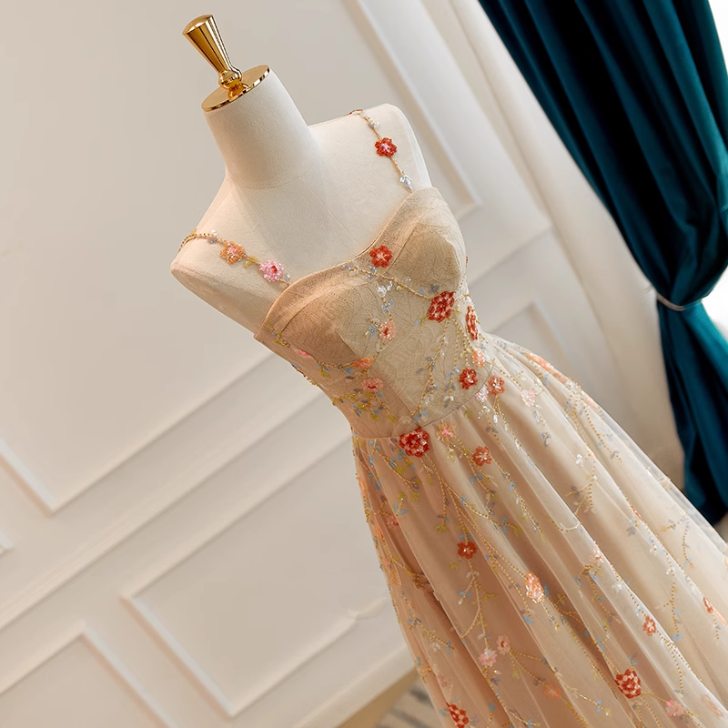 Champagne Floral Tulle Straps Sweetheart Wedding Party Dress, A-line T Cutedressy Champagne Floral Tulle Straps Sweetheart Wedding Party Dress, A-line T Cutedressy