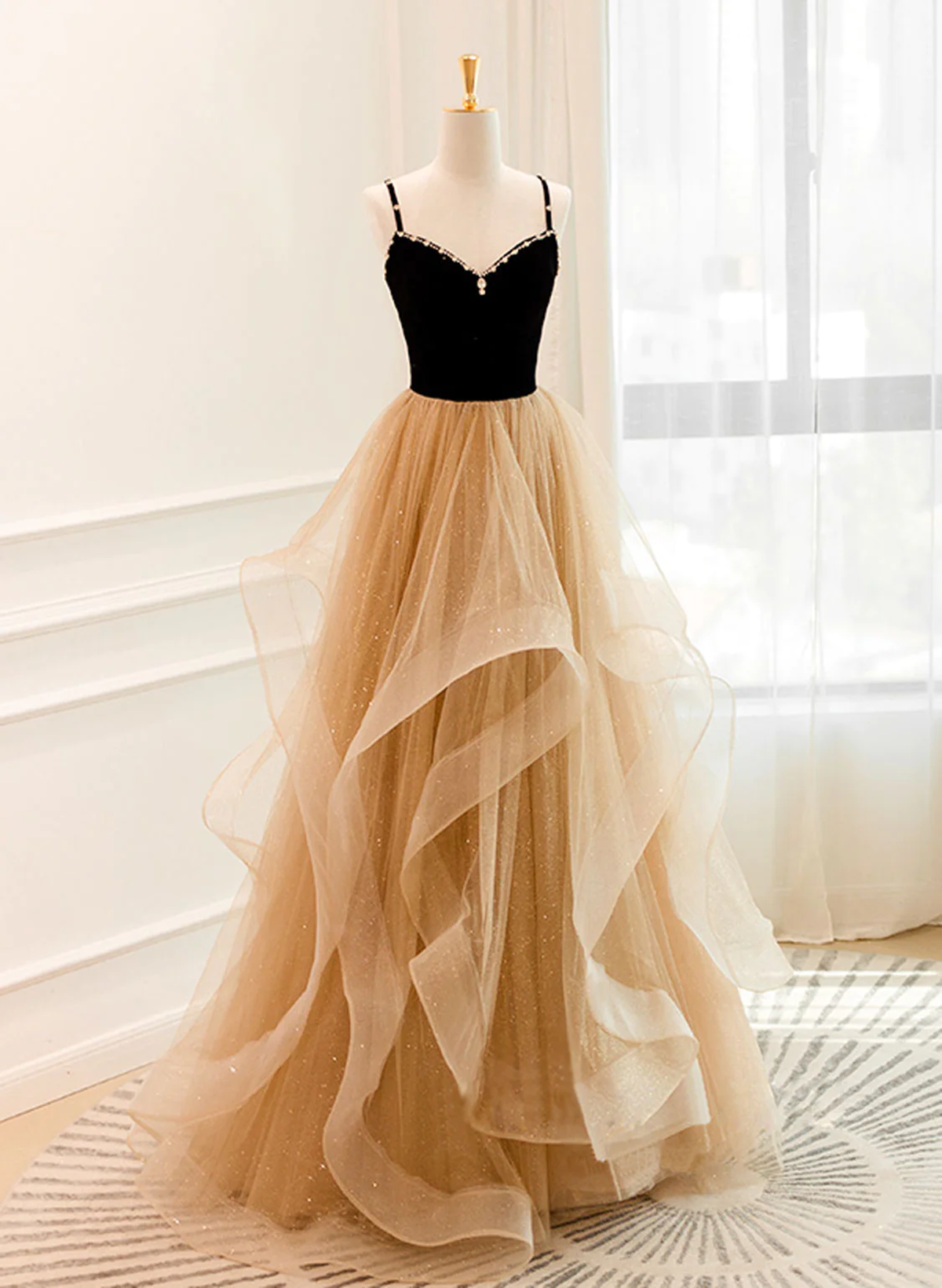A-line Champagne Tulle Sweetheart Beaded Long Prom Dress, Tulle Layers Party Dress