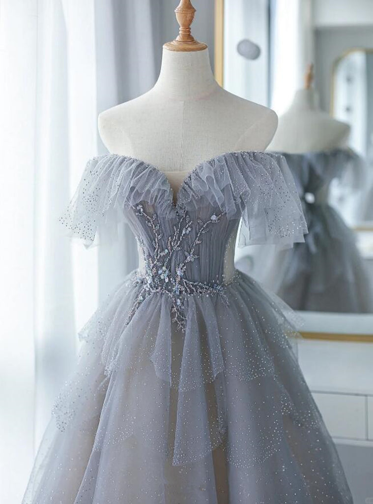 Light Grey Tulle Straps Beaded Long Formal Dress, A-line Grey Prom Dre