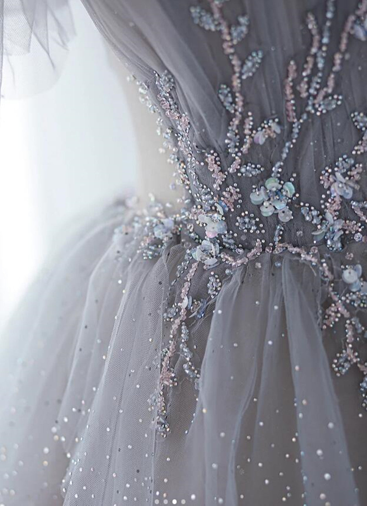 Light Grey Tulle Straps Beaded Long Formal Dress, A-line Grey Prom Dre Cutedressy Light Grey Tulle Straps Beaded Long Formal Dress, A-line Grey Prom Dre Cutedressy