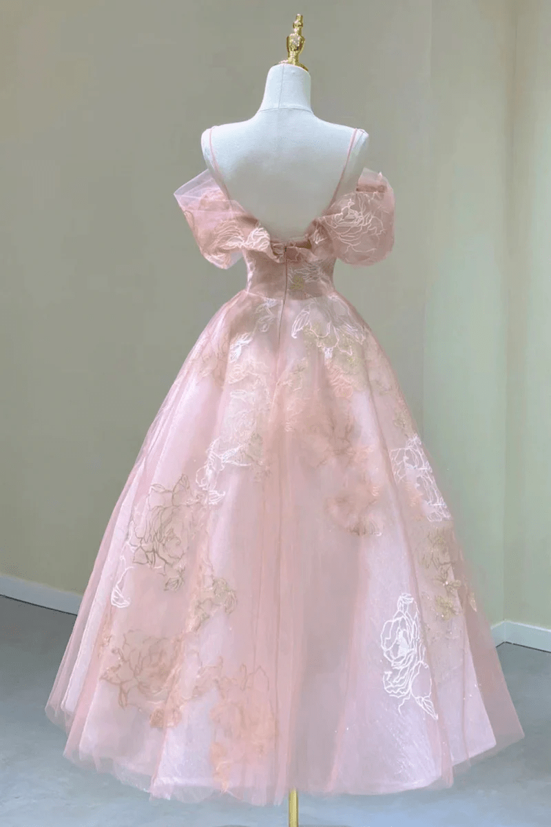 Pink Tulle Tea Length Floral Lace Party Dress, Pink Graduation Dress P Cutedressy Pink Tulle Tea Length Floral Lace Party Dress, Pink Graduation Dress P Cutedressy