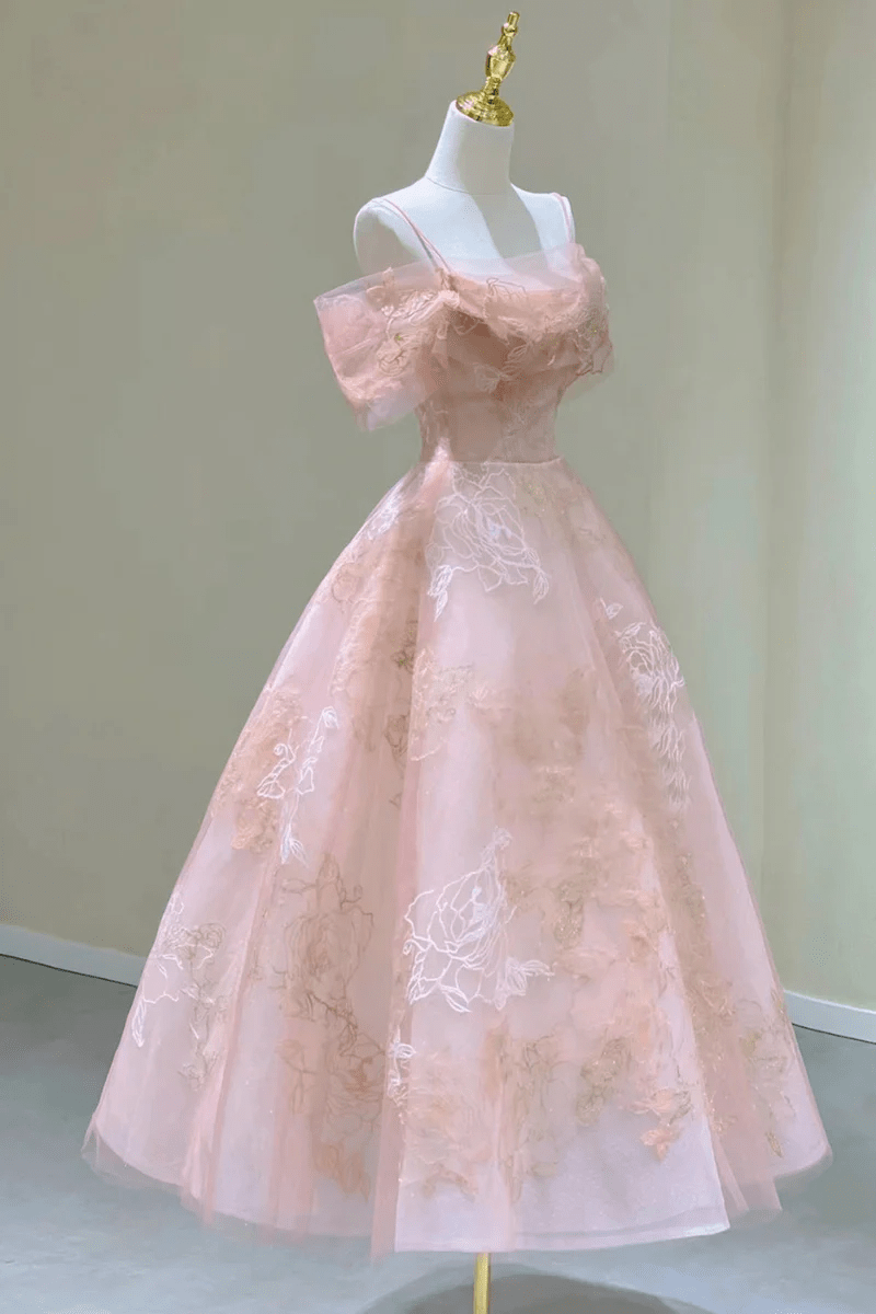 Pink Tulle Tea Length Floral Lace Party Dress, Pink Graduation Dress P Cutedressy Pink Tulle Tea Length Floral Lace Party Dress, Pink Graduation Dress P Cutedressy