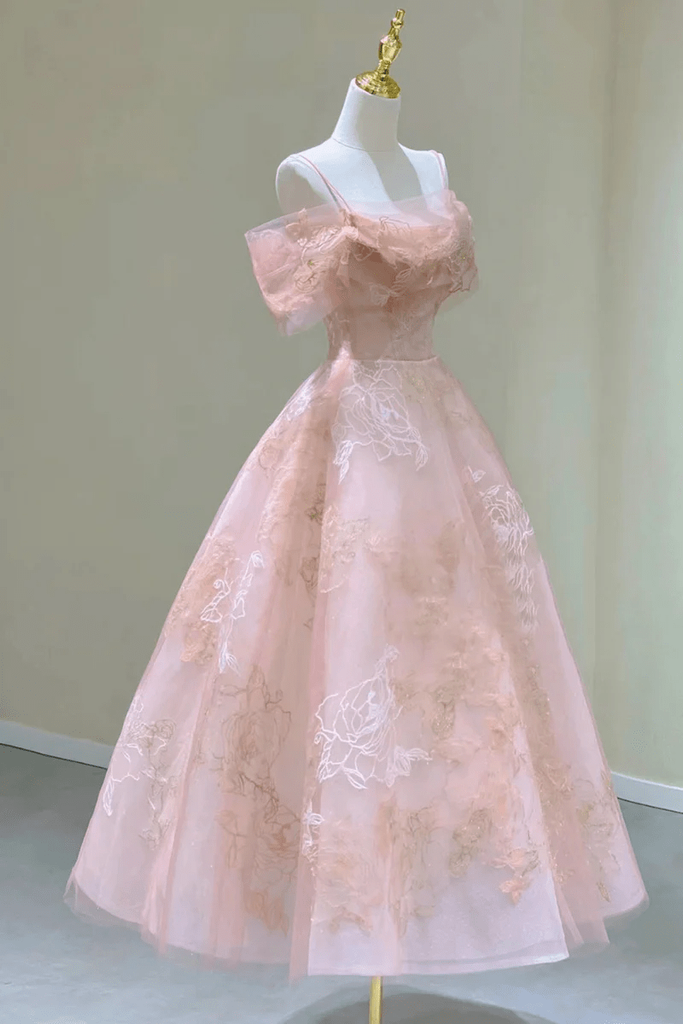 Pink Tulle Tea Length Floral Lace Party Dress, Pink Graduation Dress P