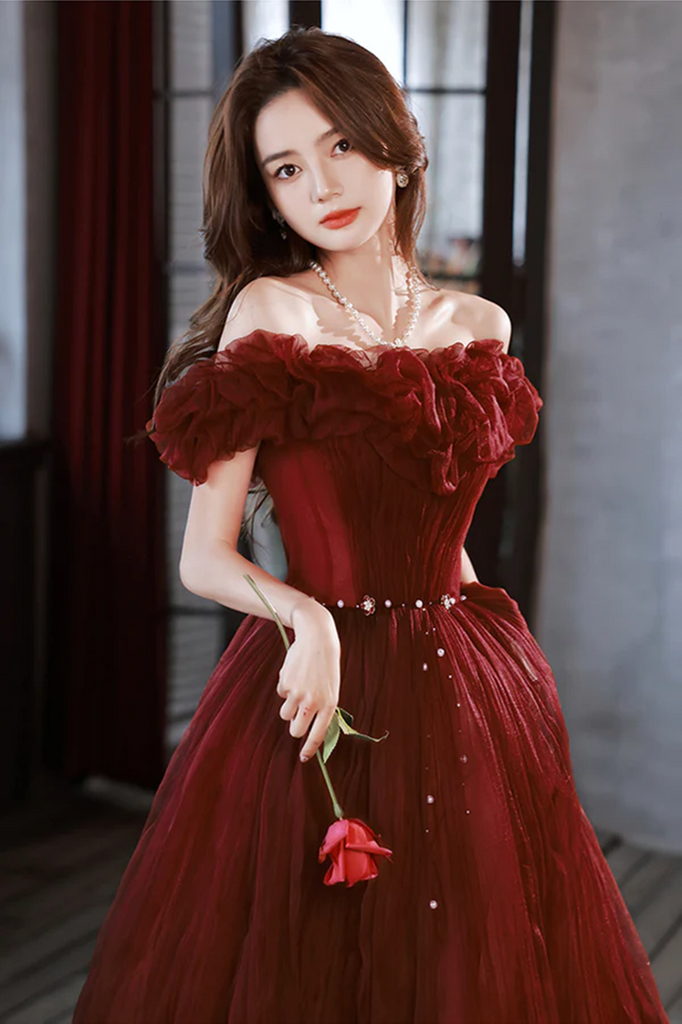 Wine Red Off Shoulder Tulle Long Party Dress, Wine Red Long Formal Dre ...