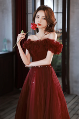 Wine Red Off Shoulder Tulle Long Party Dress, Wine Red Long Formal Dress