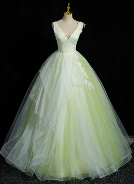 Light Green V-neckline Tulle Sweet 16 Dress, Light Green Long Prom Dress Party Dress