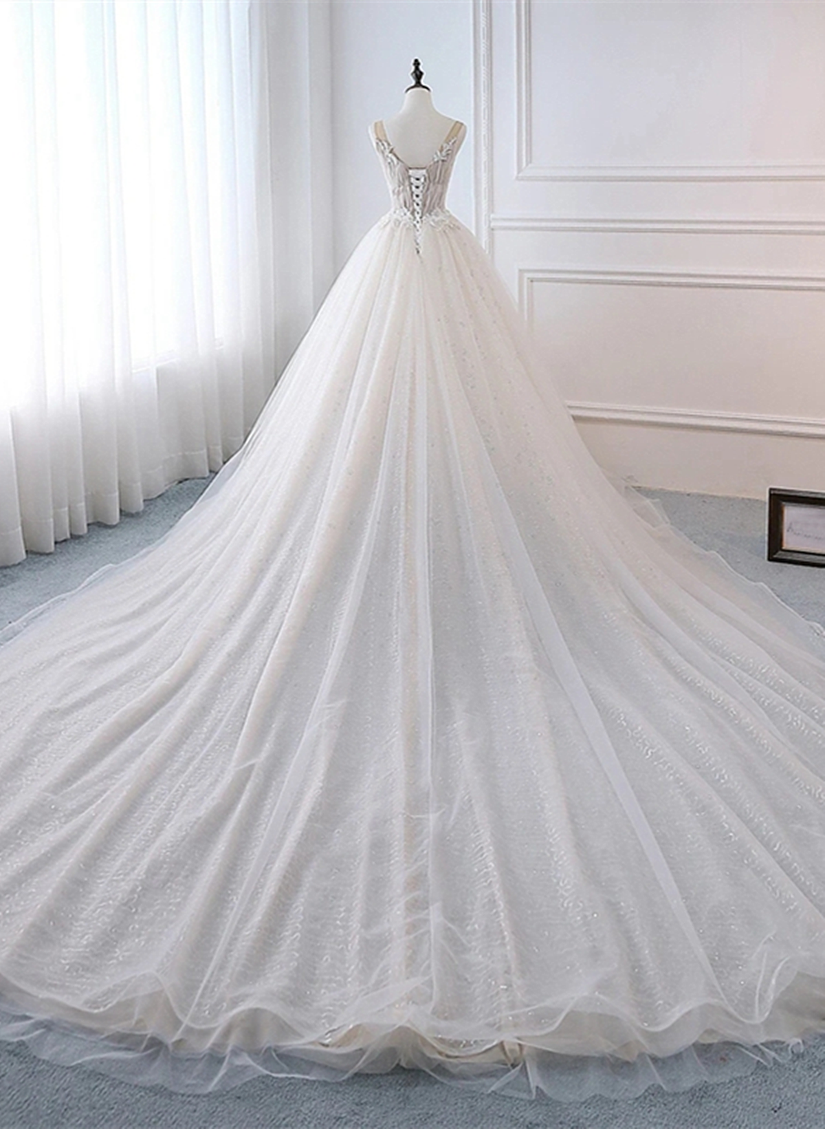 Ivory Tulle with Lace Long Wedding Party Dress with Sweep Train, Ivory Formal Dress