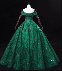 Green Ball Gown Off Shoulder Tulle Party Dress, Green Lace Sweet 16 Dress