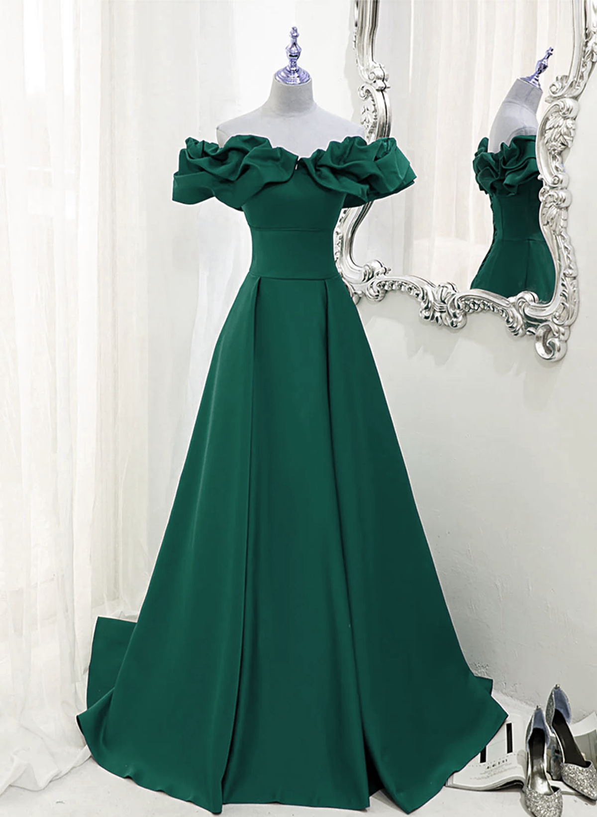A-line Off Shoulder Floor Length A-line Long Prom Dress, Green Sweetheart Party Dress