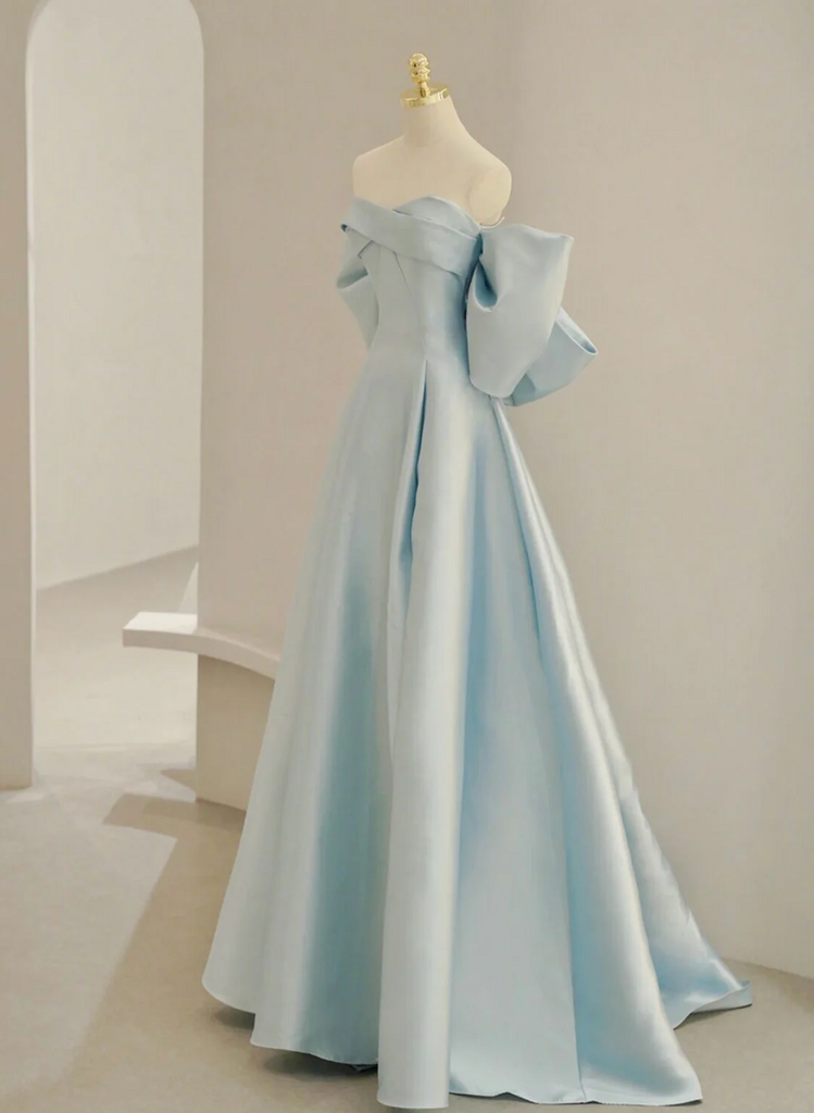 Light Blue Chic Satin Off Shoulder Long Party Dress, A-line Light Blue