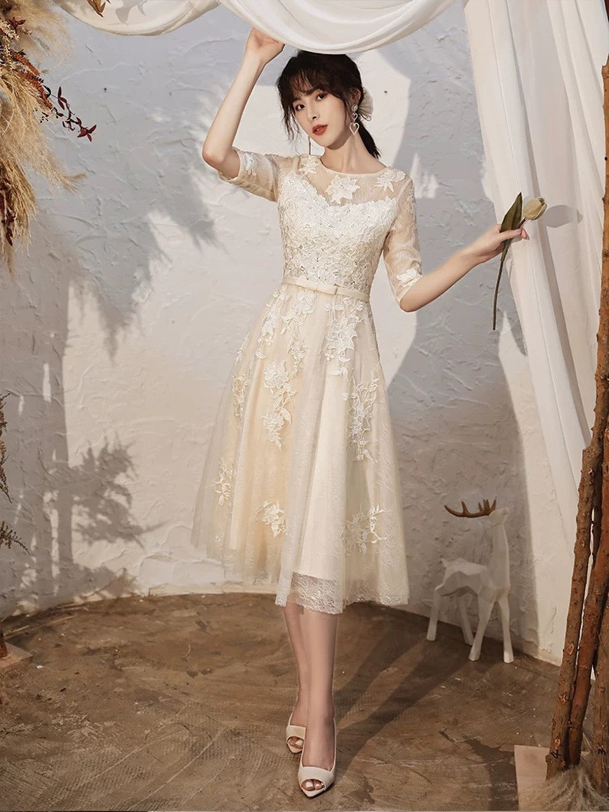 Light Champagne Tea Length Round Neckline Party Dress, Tulle with Lace Homecoming Dress