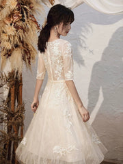 Light Champagne Tea Length Round Neckline Party Dress, Tulle with Lace Homecoming Dress