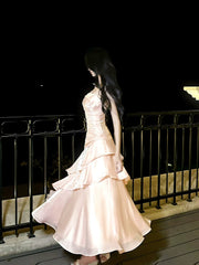 Pink Satin Mermaid Straps Chic Long Formal Dress, Pink Mermaid Prom Dress