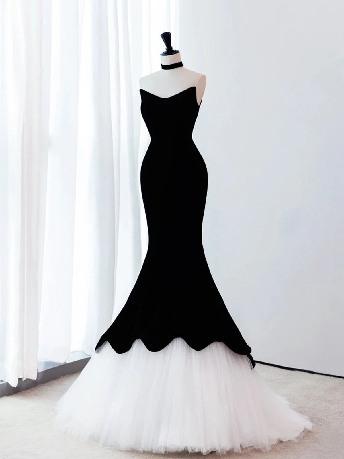 Black Velvet and White Tulle Mermaid Strapless Party Dress, Black Formal Dress Evening Dress