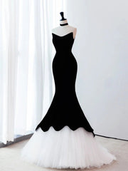 Black Velvet and White Tulle Mermaid Strapless Party Dress, Black Formal Dress Evening Dress