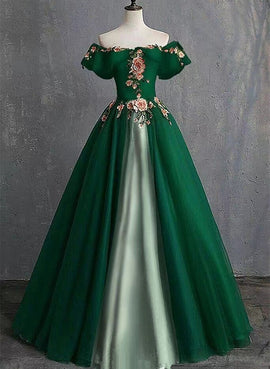 Green Off Shoulder Tulle and Satin with Flowers Party Dress, Green Sweet 16 Dress