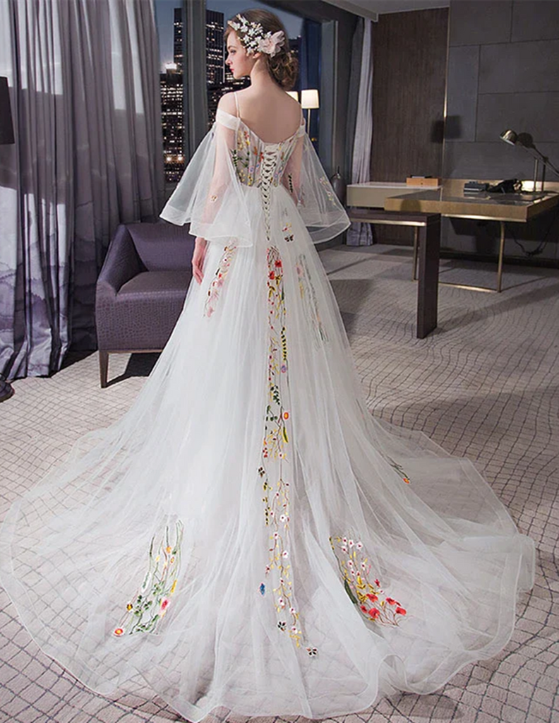 Ivory Tulle with Red Lace Applique Party Dress, Ivory Tulle Sweetheart Long Prom Dress main image 1