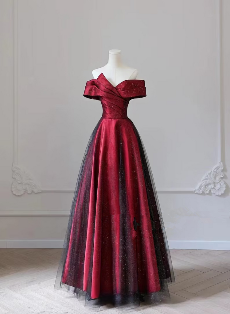 Black and Red Sweetheart Long Party Dress, A-line Off Shoulder Black a