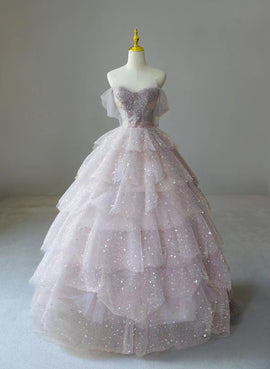 Pink Sweetheart Tulle Ball Gown Beaded Shiny Party Dress, Pink Sweet 16 Dress