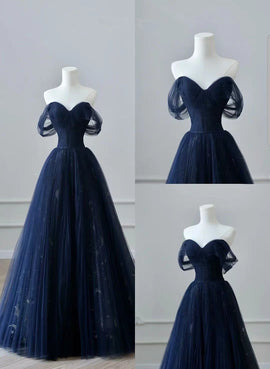 A-line Navy Blue Tulle Long Party Dress, Navy Blue Tulle Long Prom Dress