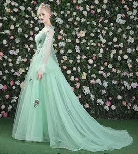 Light Green Puffy Sleeves Long Formal Dress, Green Long Tulle Party Dress