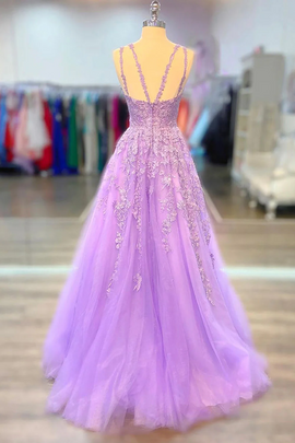 A-line Tulle Princess Light Purple Prom Dress with Appliques, Tulle Straps Formal Dress