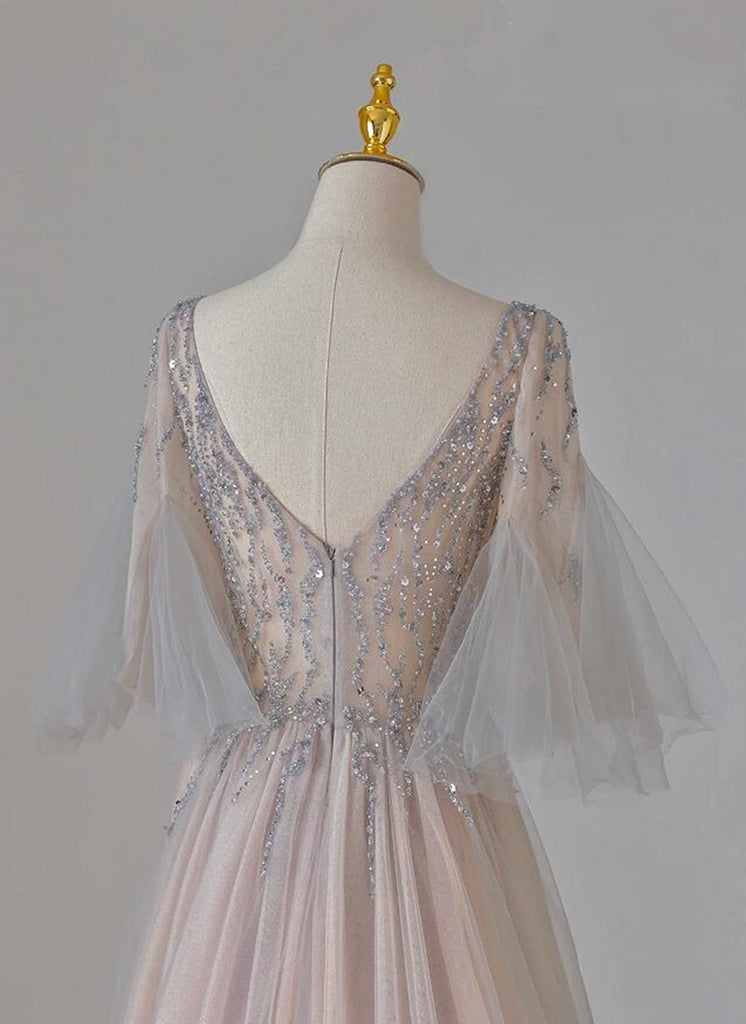 Champagne Luxury Sequined Evening Dress Half-sleeve Long Formal Dress O-neck A-line Celebrity Dress Floor-lenght Robe De Soriee