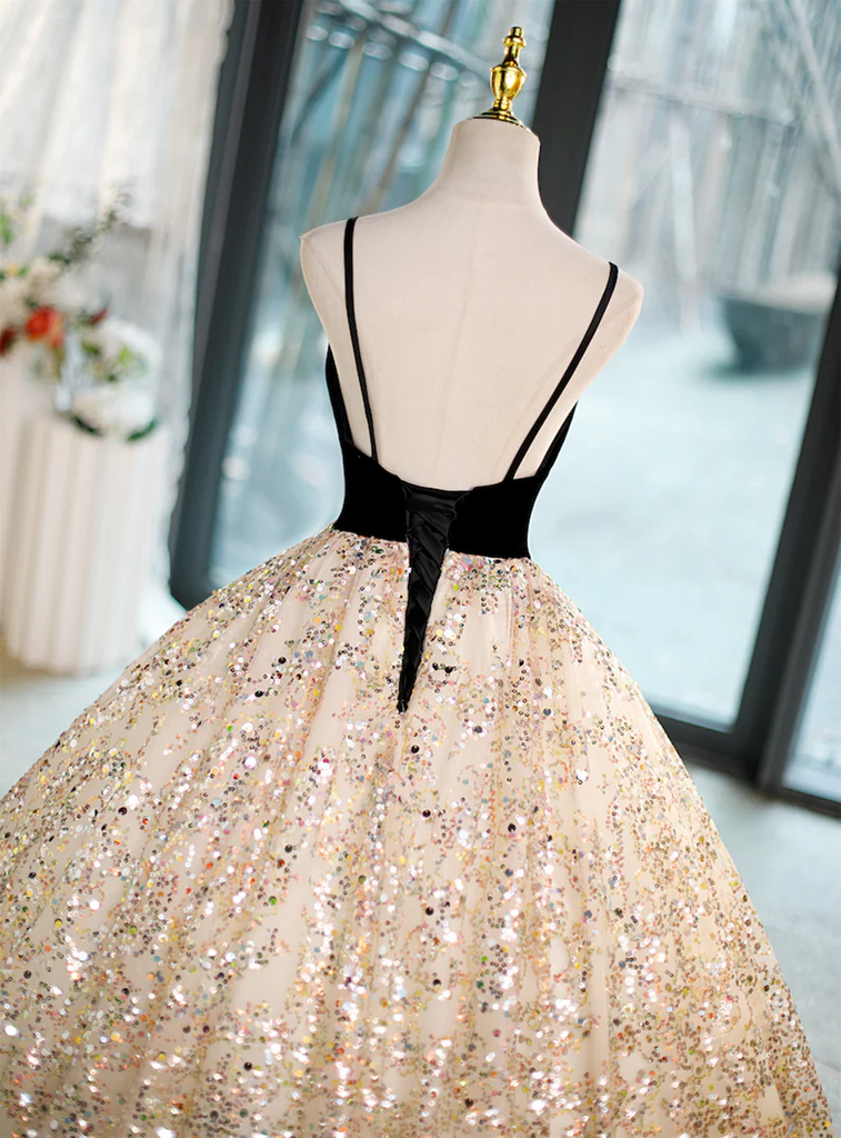 Champagne V Neck Spaghetti Straps A-Line Formal Party Dress, DP2033