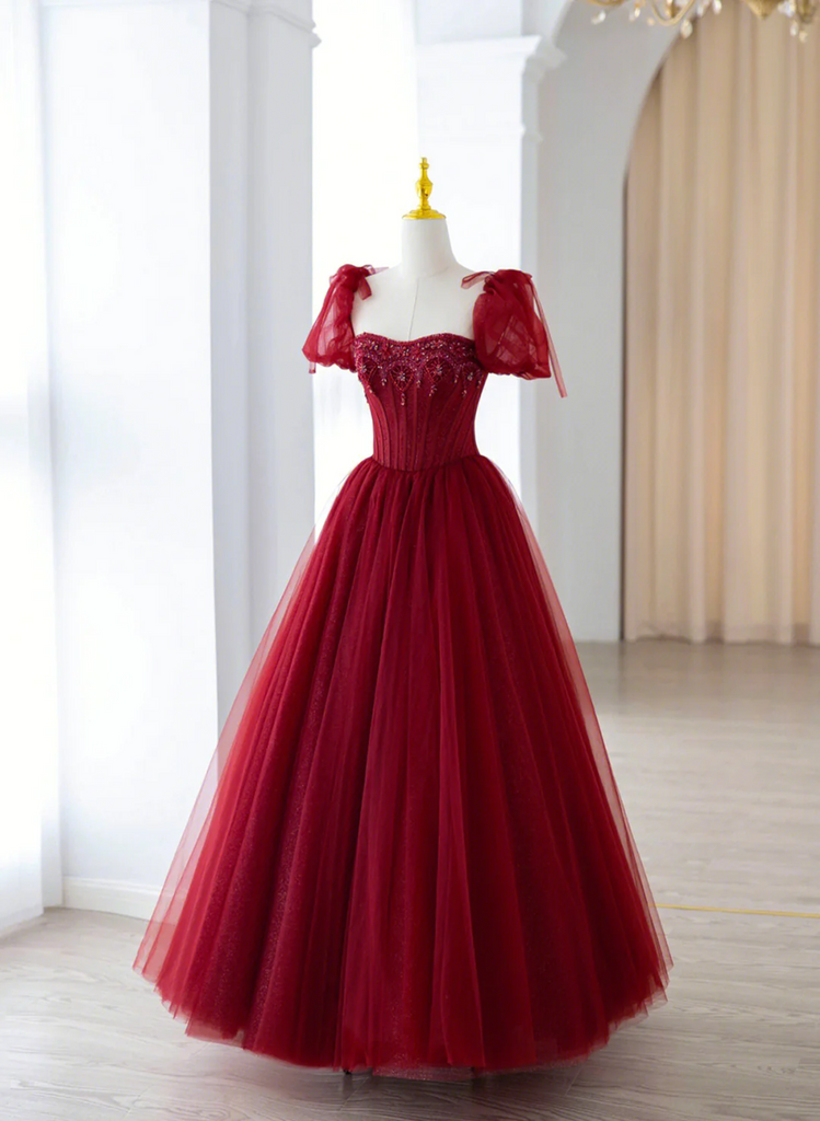 Wine Red Tulle A-line Beaded Long Formal Dress, Wine Red Tulle Prom Dr ...