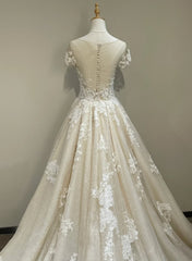 Lovely Round Neckline Tulle with Lace Applique Wedding Party Dress, Tulle Wedding Dress