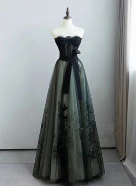 Elegant Green and Black A-line Long Formal Dress, Tulle with Lace Prom Dress