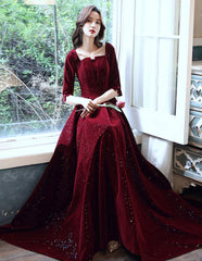 Wine Red Velvet Short Sleeves Long Wedding Party Dress, Wine Red Prom Dress