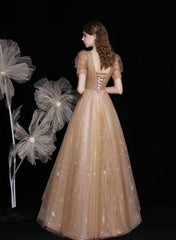 Champagne A-line Tulle Short Sleeves V-neckline Prom Dress, Champagne Party Dress