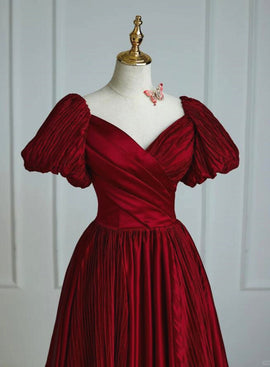 Wine Red Satin V-neckline Short Sleeves Prom Dress, Wine Red Long Party Dress