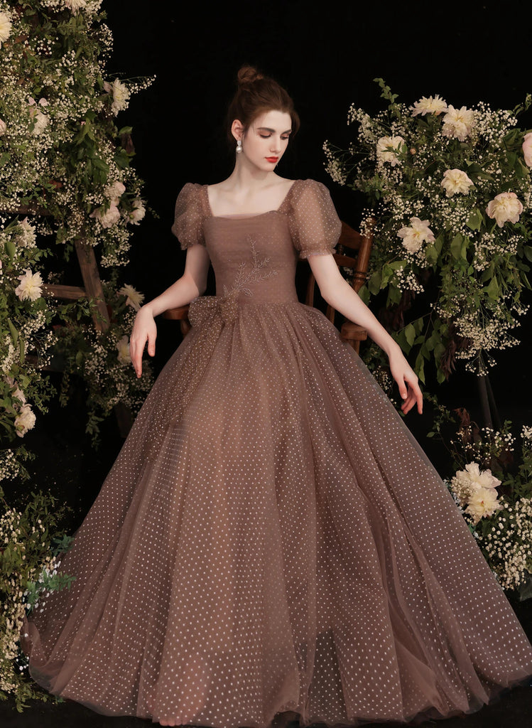 Brown Tulle Long Sleeves A-Line Formal Party Dress, DP3687 main image 0