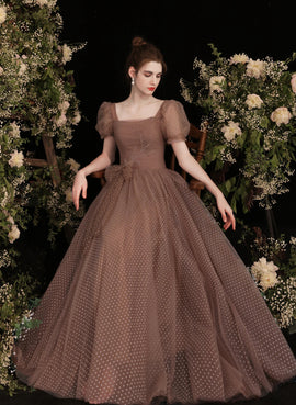 A-line Tulle Short Sleeves Floor Length Prom Dress, Brown Tulle Evening Dress