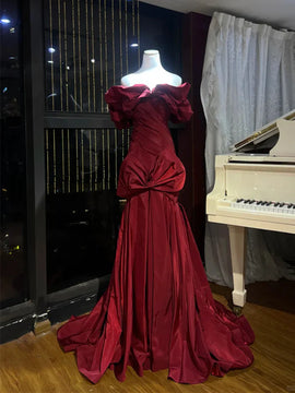 Burgundy Off Shoulder Taffeta Prom Gown ,Vintage Ruffle Mermaid Gown with Bow