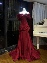 Burgundy Off Shoulder Taffeta Prom Gown ,Vintage Ruffle Mermaid Gown with Bow
