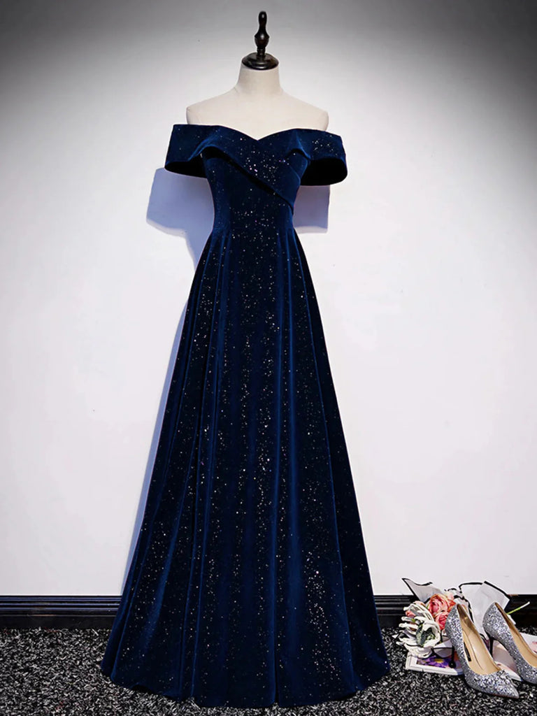 A-line Simle Navy Blue Sweetheart Prom Dress, Off Shoulder Navy Blue P