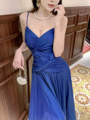 Blue Chiffon A-line V-neckline Straps Evening Dress, Blue Chiffon Long Prom Dress