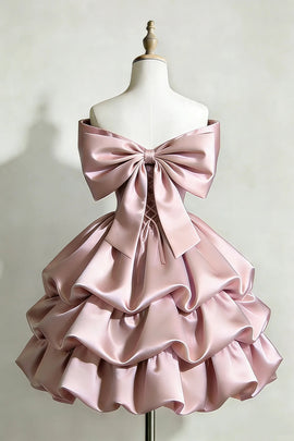 Cute Pink Off Shoulder Satin Short Dress, Pink Tiered Ruffle Homecoming Dress Party Dress