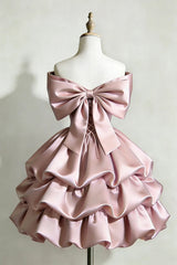 Cute Pink Off Shoulder Satin Short Dress, Pink Tiered Ruffle Homecoming Dress Party Dress