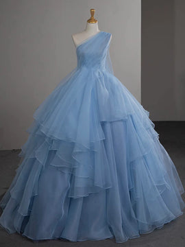 Lovely Blue Layers One Shoulder Long Formal Dress, Blue Ball Gown Evening Dress