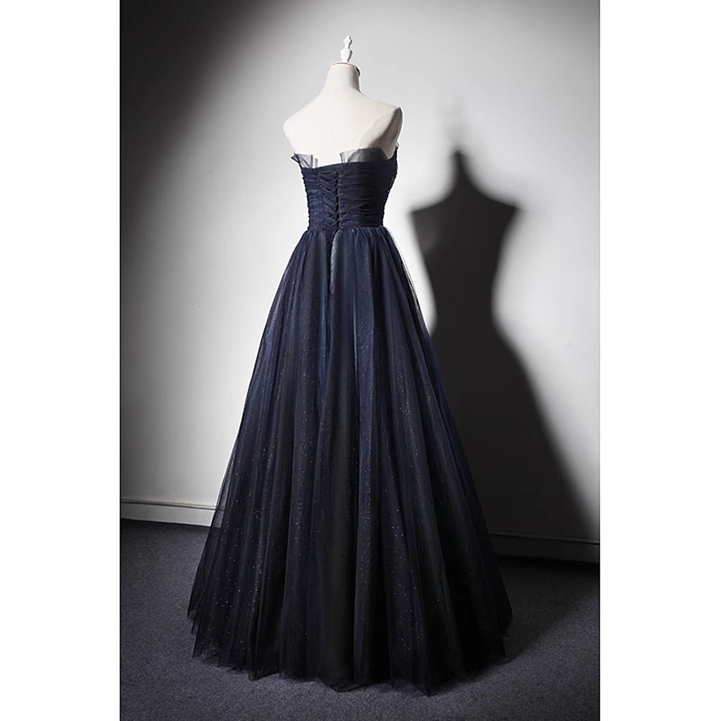 Long Sleeve Ruffles Navy Square Tulle A Line Prom Dress