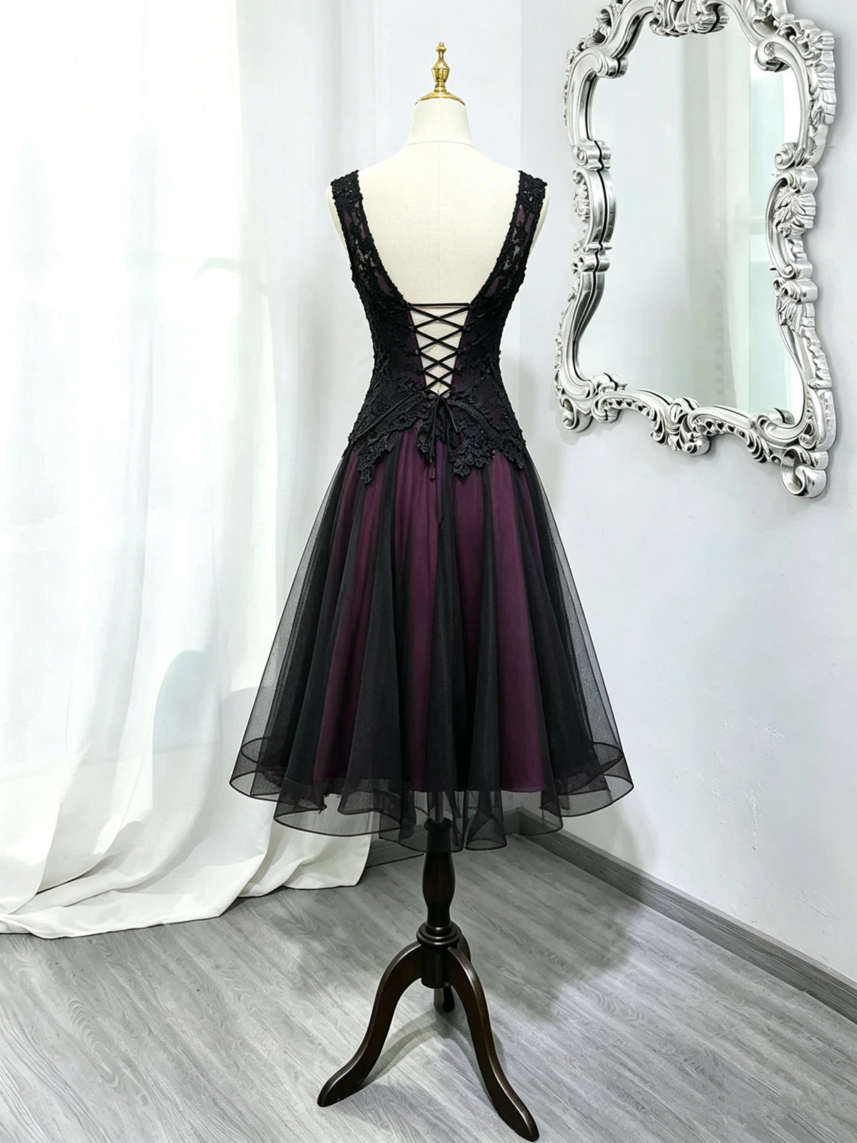 Black And Purple Beaded V-Neckline Homecoming Dress, Gothic Short Party Dress Prom Dress