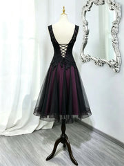 Black And Purple Beaded V-Neckline Homecoming Dress, Gothic Short Party Dress Prom Dress
